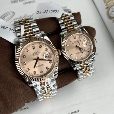 Cặp Đồng Hồ Bọc Vàng Rolex DateJust Rep 11 Cặp Nam Nữ Mặt Số Hồng Sunburt 31/41mm