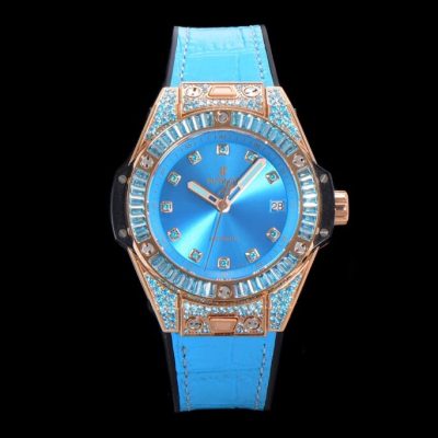 Đồng Hồ Đính Đá Hublot Big Bang One Click King Gold Dây Da Màu Xanh Dương 39mm