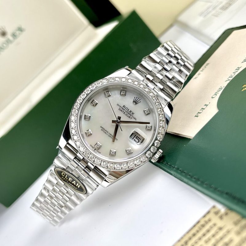 Đồng Hồ Mặt Xà Cừ Rolex Rep 11 Độ Kim Cương Moissanite Hong Kong Clean 41mm