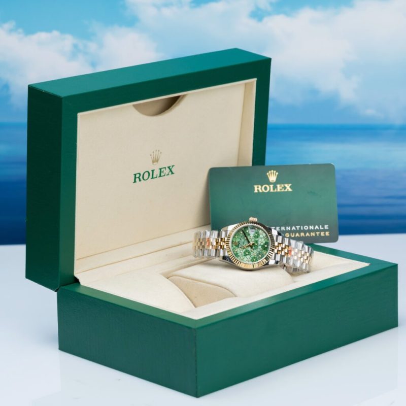 Đồng Hồ Nữ Rolex Bọc Vàng 18K DateJust Mặt Số Lá Cây Nhiệt Đới Đính Đá GM 31mm