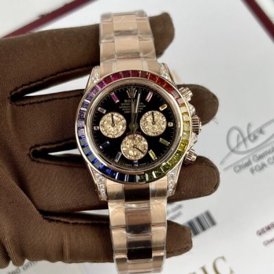 Đồng Hồ Rolex Daytona Rainbow Bọc Vàng Hồng Độ Kim Cương Moissanite Rep 11 40mm