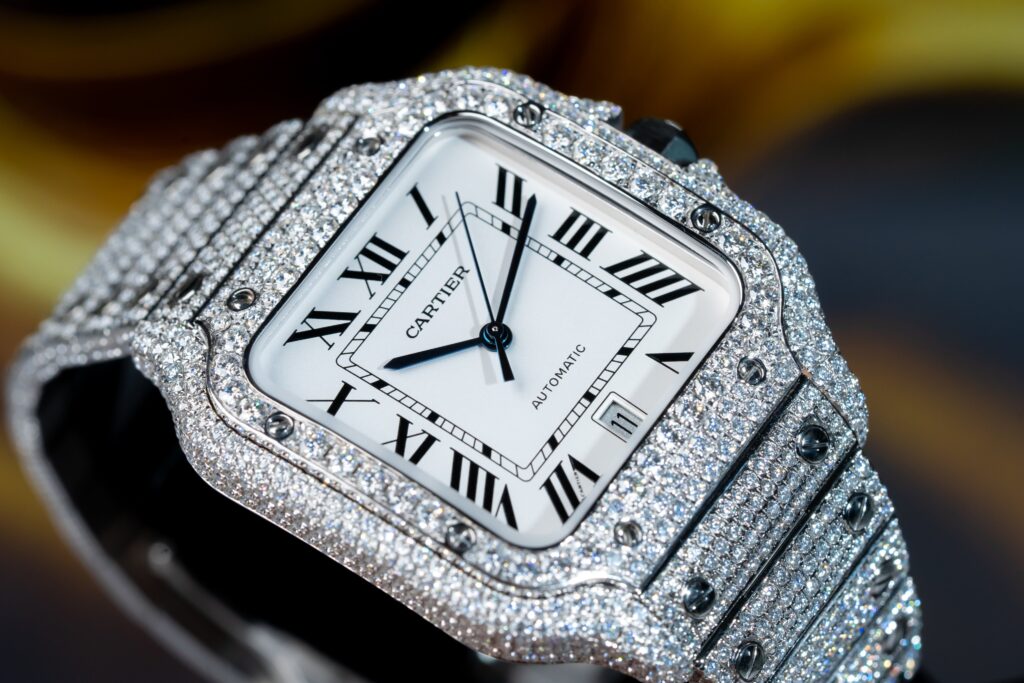 Đồng Hồ Nữ Cartier Santos Độ Kim Cương Moissanite