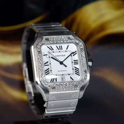 Đồng Hồ Cartier Santos Độ Kim Cương Moissanite Hong Kong Super Vip