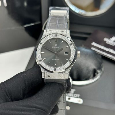 Đồng Hồ Nam Hublot Đính Đá Dây Da Màu Xám Lông Chuột