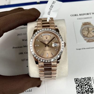 Đồng Hồ Rolex Bọc Vàng Hồng Độ Kim Cương Moissanite Day-Date 40mm