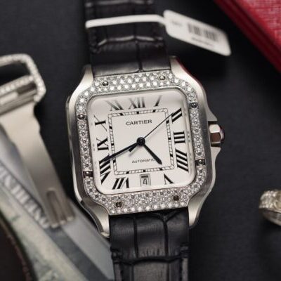 Đồng Hồ Cartier Santos Đính Kim Cương Moissanite